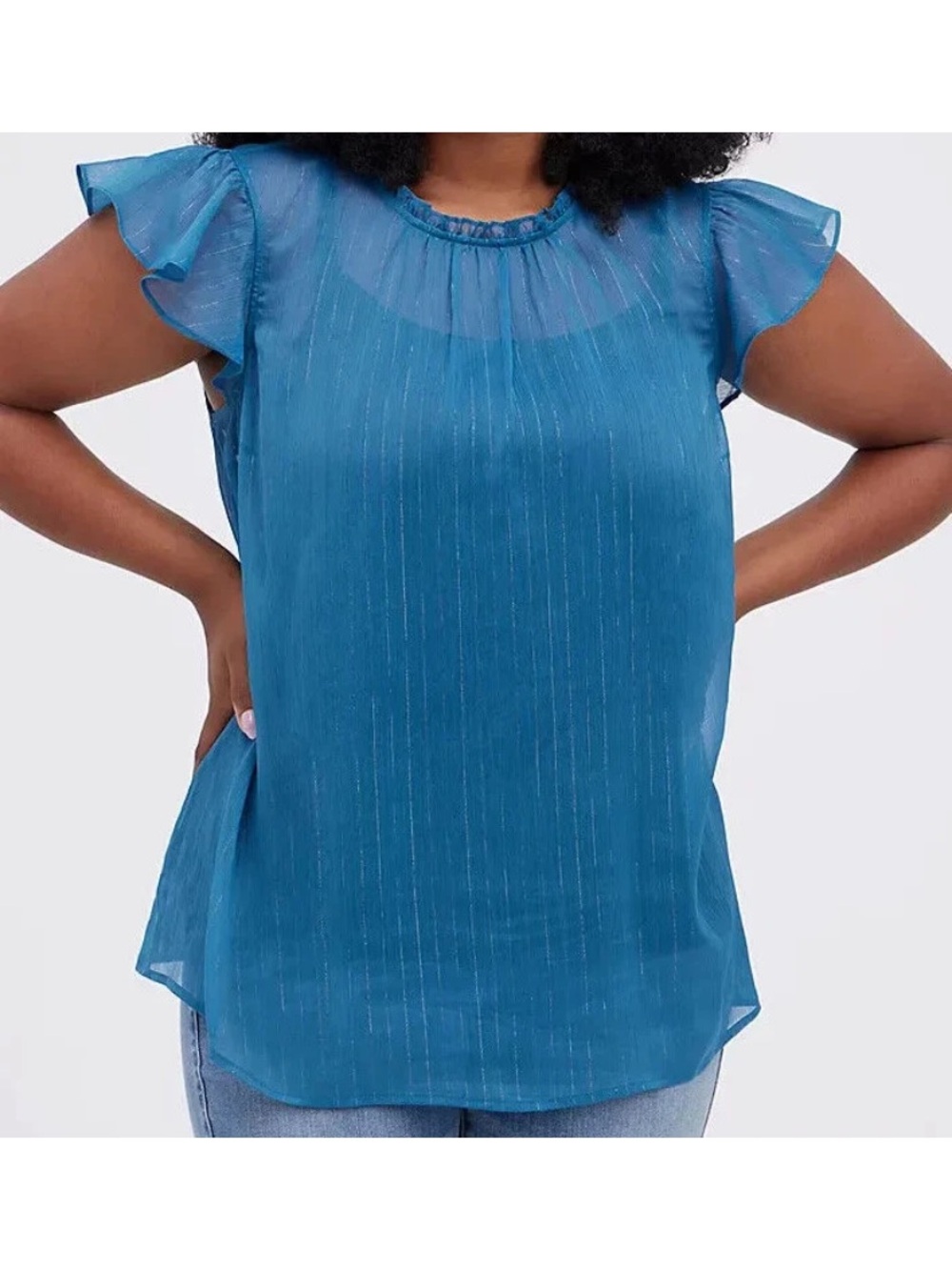 Torrid Blue Chiffon Gold Metallic Stripe Flutter Sleeve Blouse Size 1X